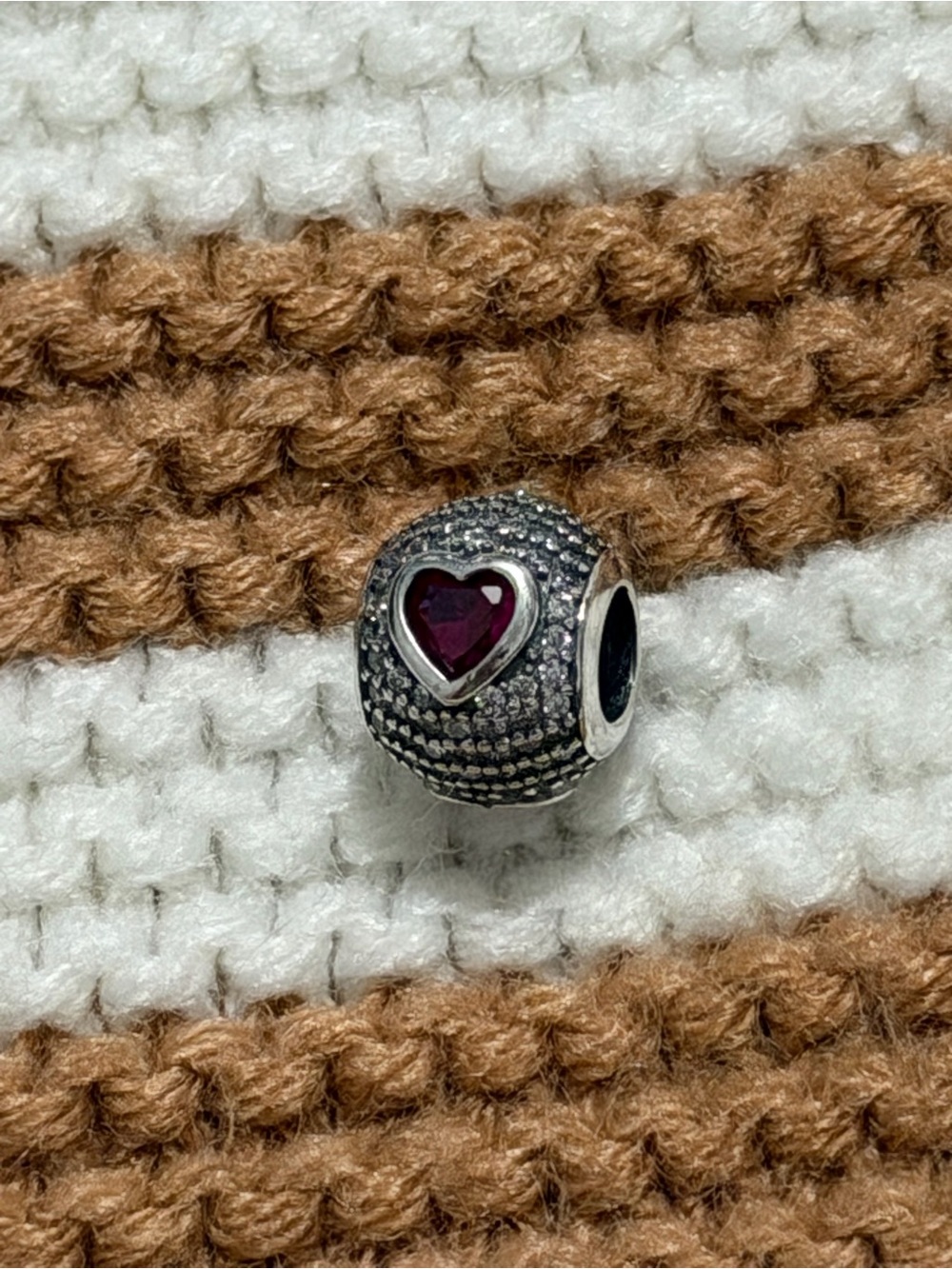 Pandora Silver Heart Charm with Deep Red Gem